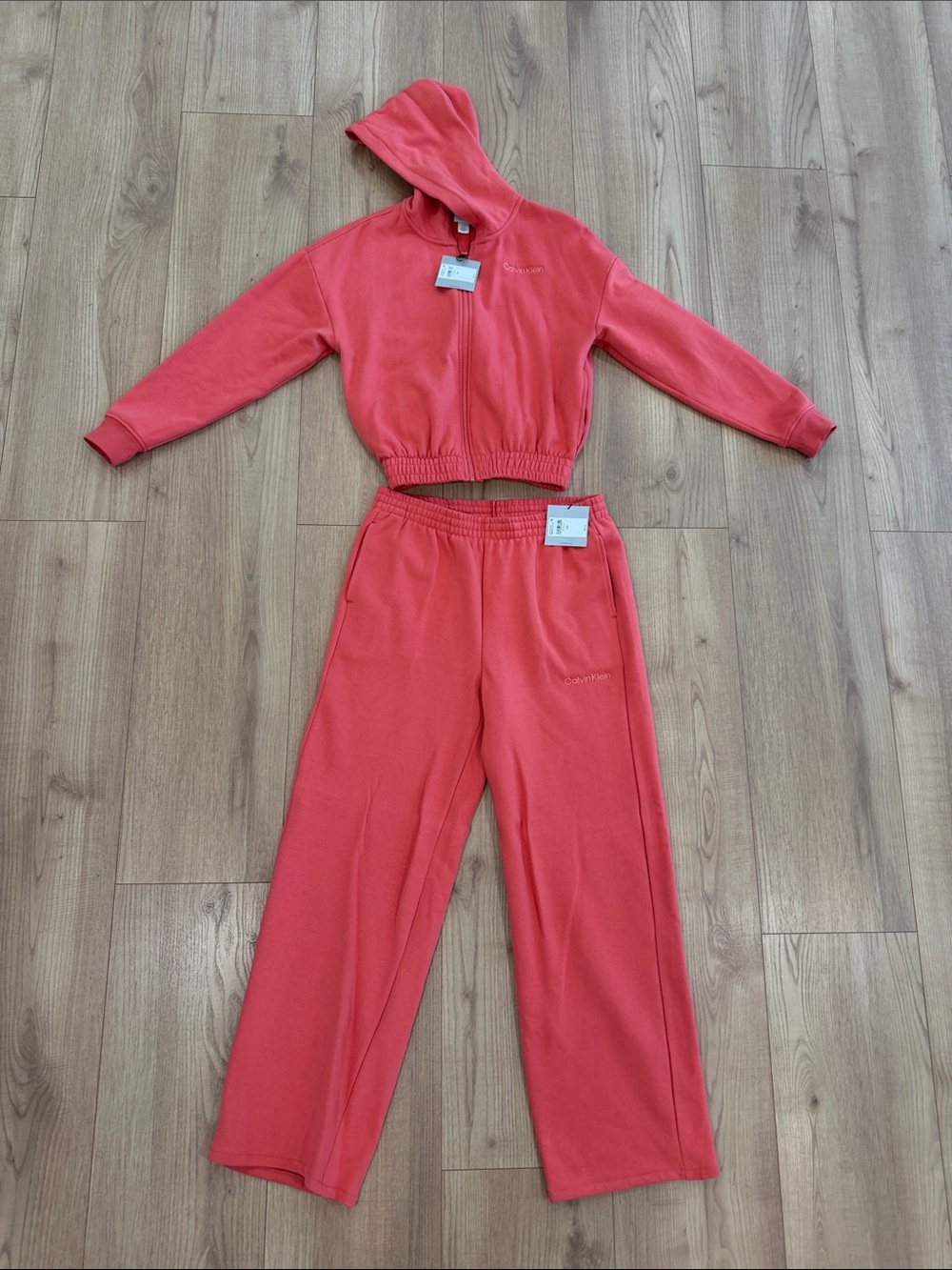 Calvin Klein Coral Pink Hooded Zip Crop Jacket & Wide-Leg Sweatpants Set